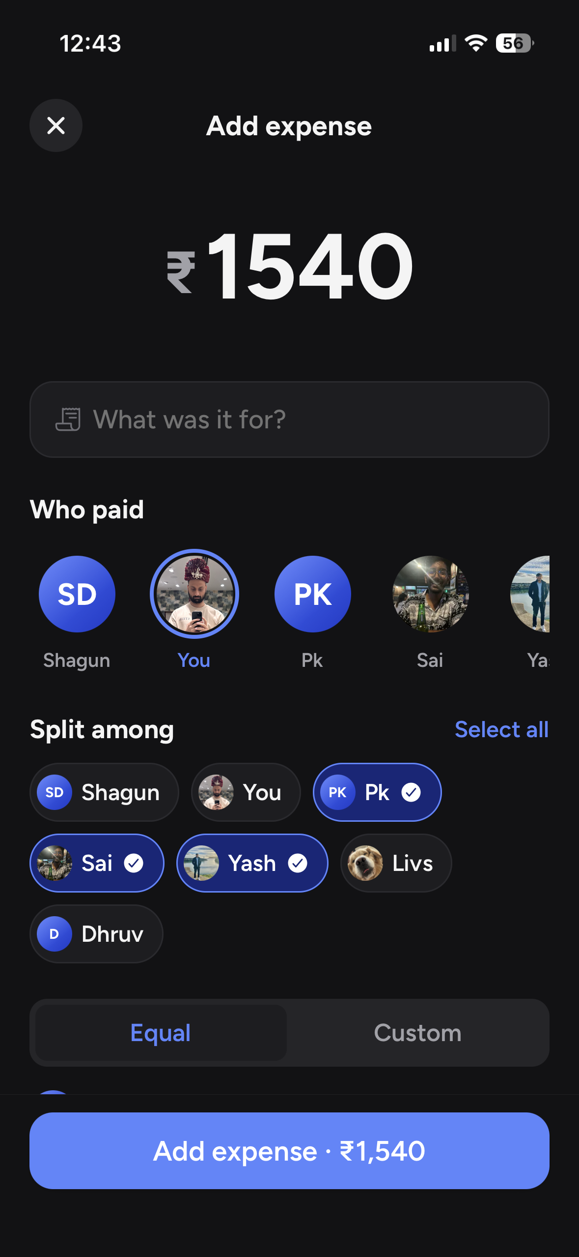 Zapnin add expense screen for splitting a plan cost with friends.