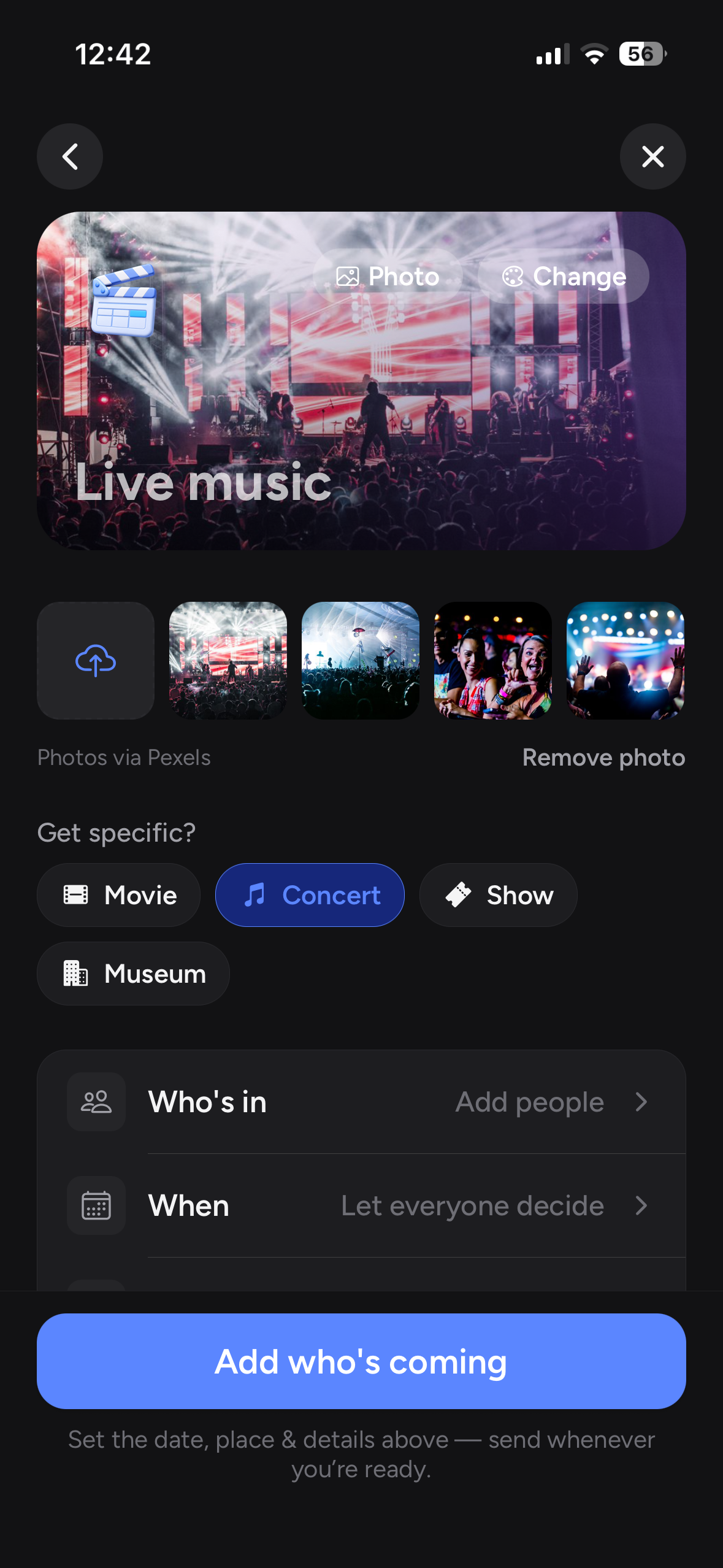 Zapnin composer screen for a live music plan.