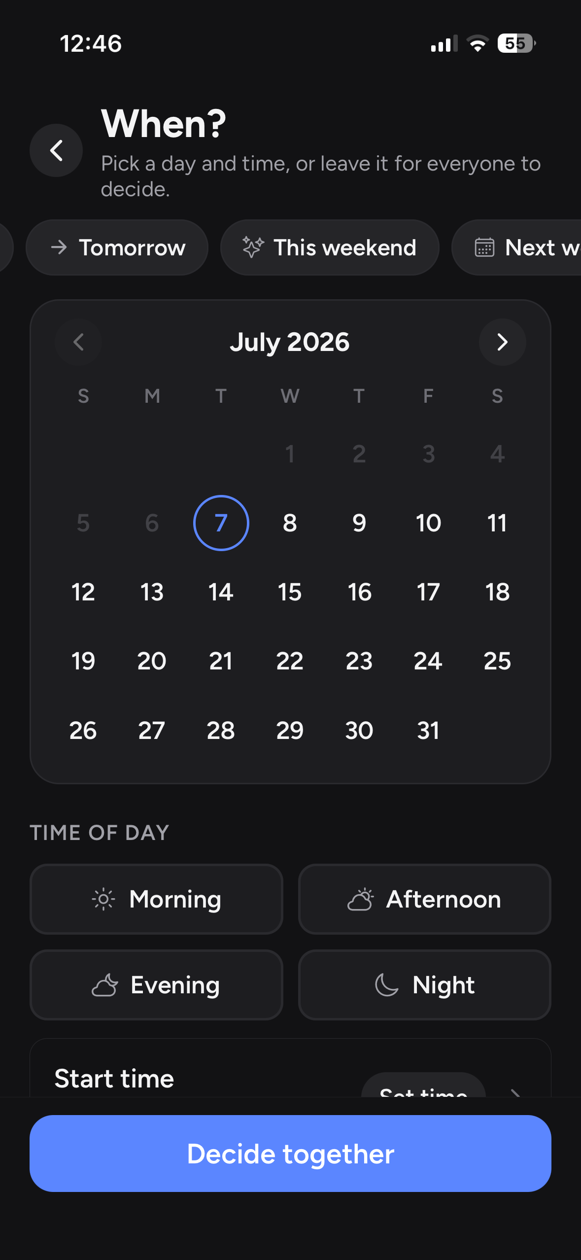 Zapnin date and time selection screen.