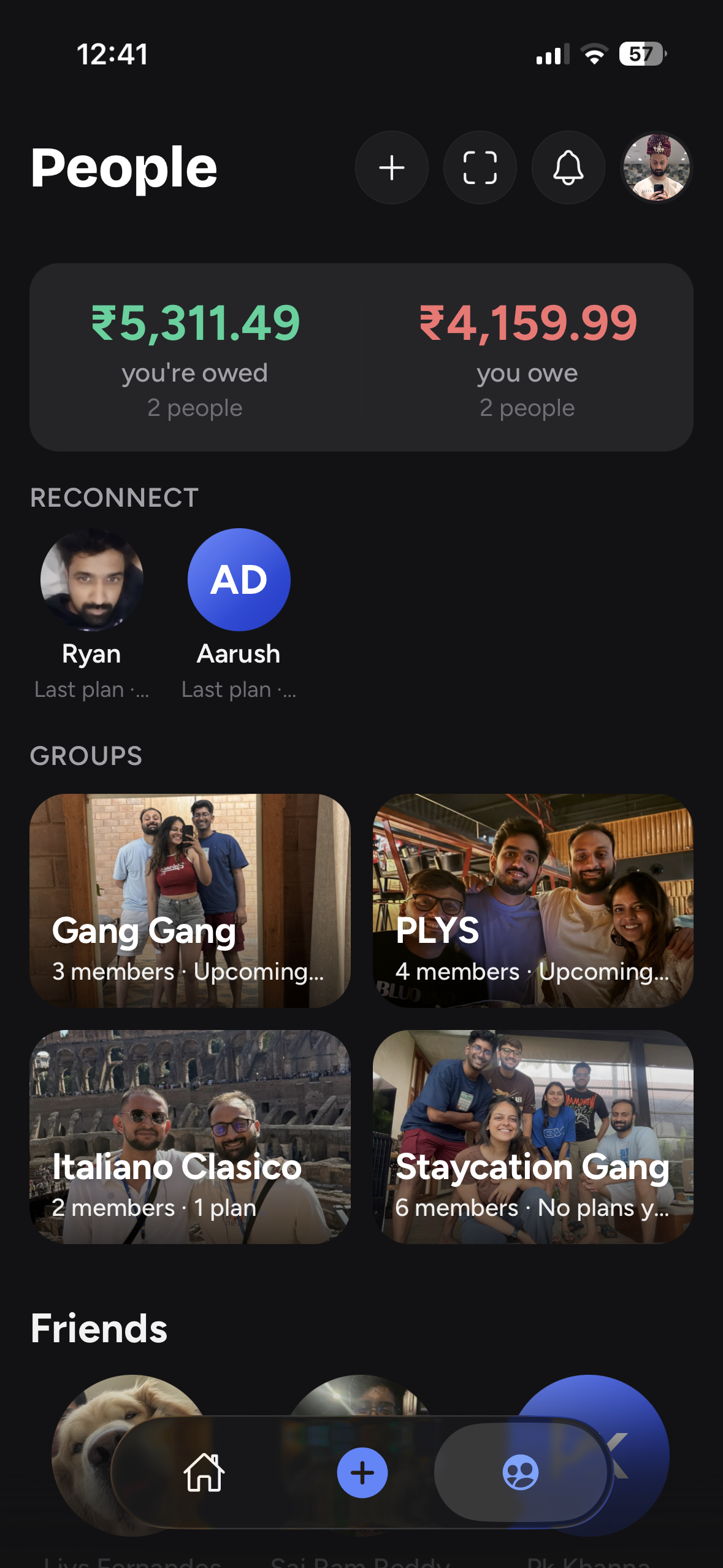 Zapnin people screen showing friends, groups, and balances.