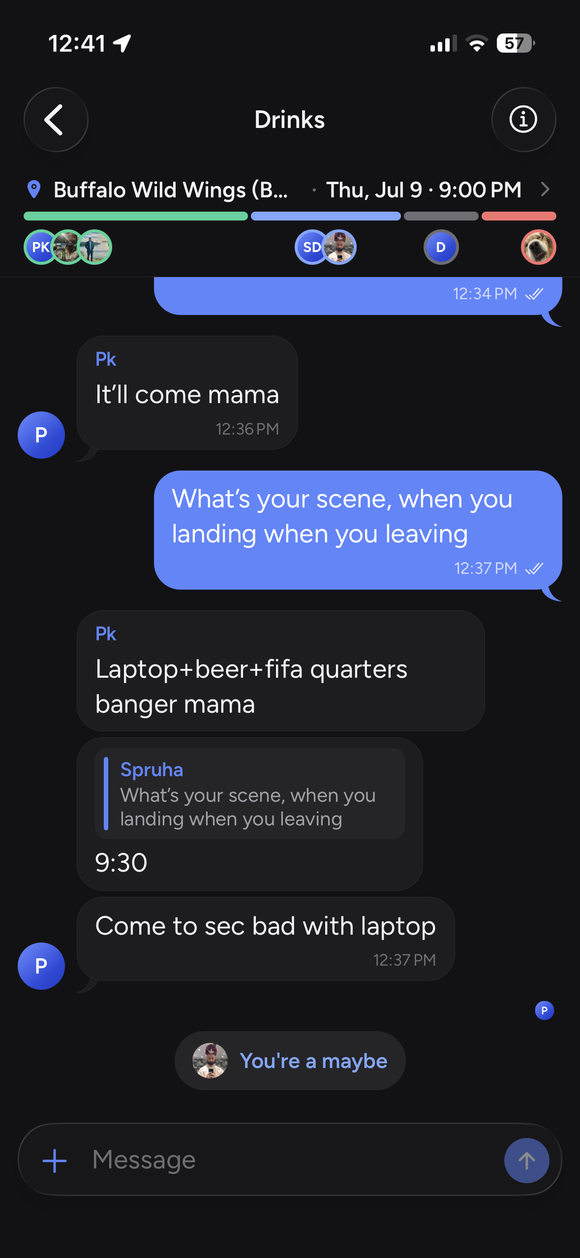 Zapnin plan chat screen with messages attached to a specific plan.